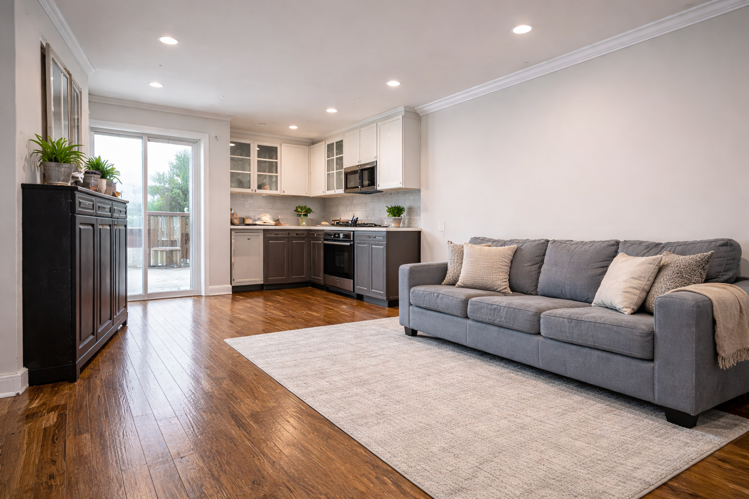 After water damage restoration showing rebuilt interior with hardwood floors and finished living space