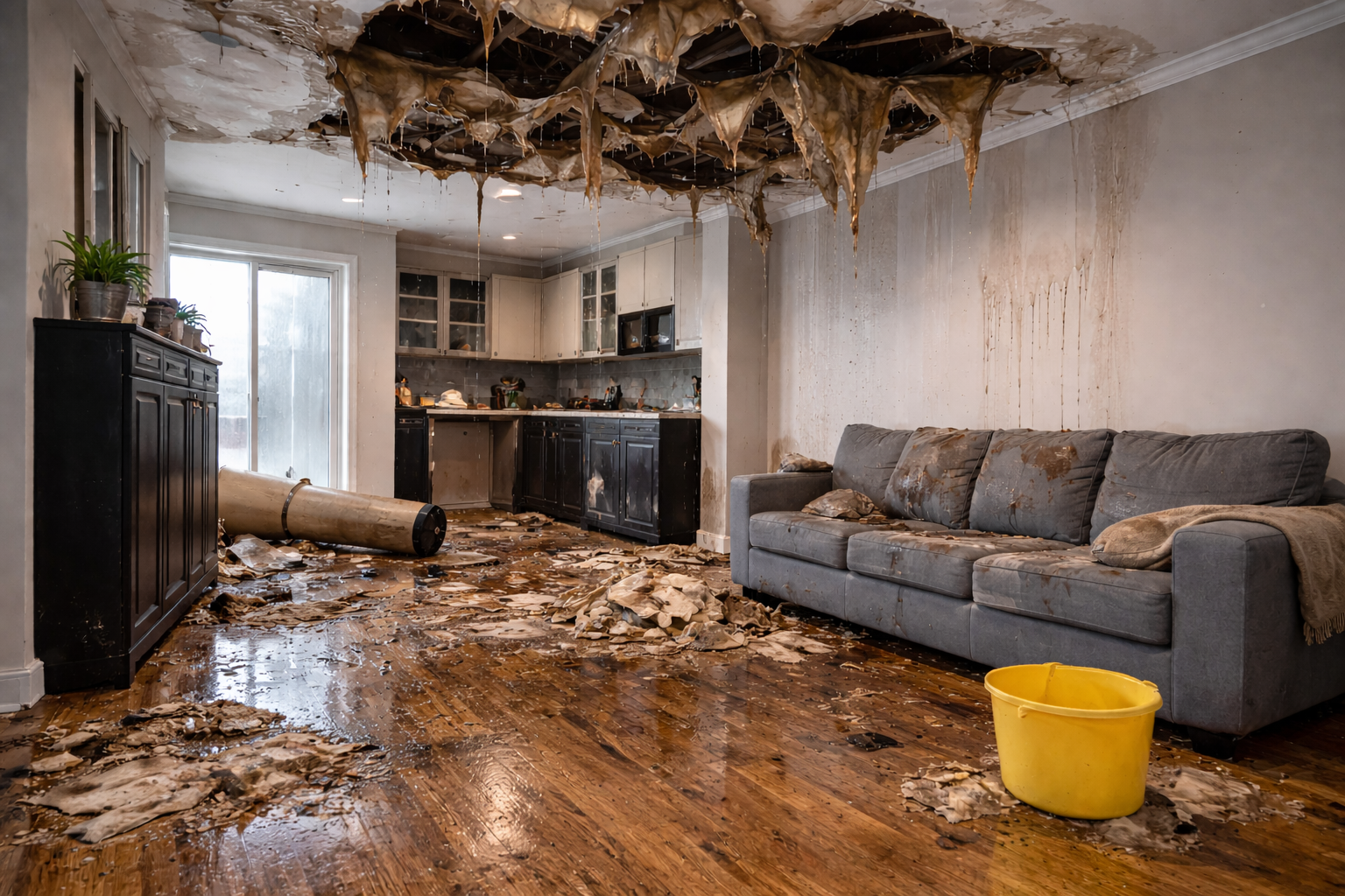 Before water damage restoration showing damaged hardwood floors and affected interior