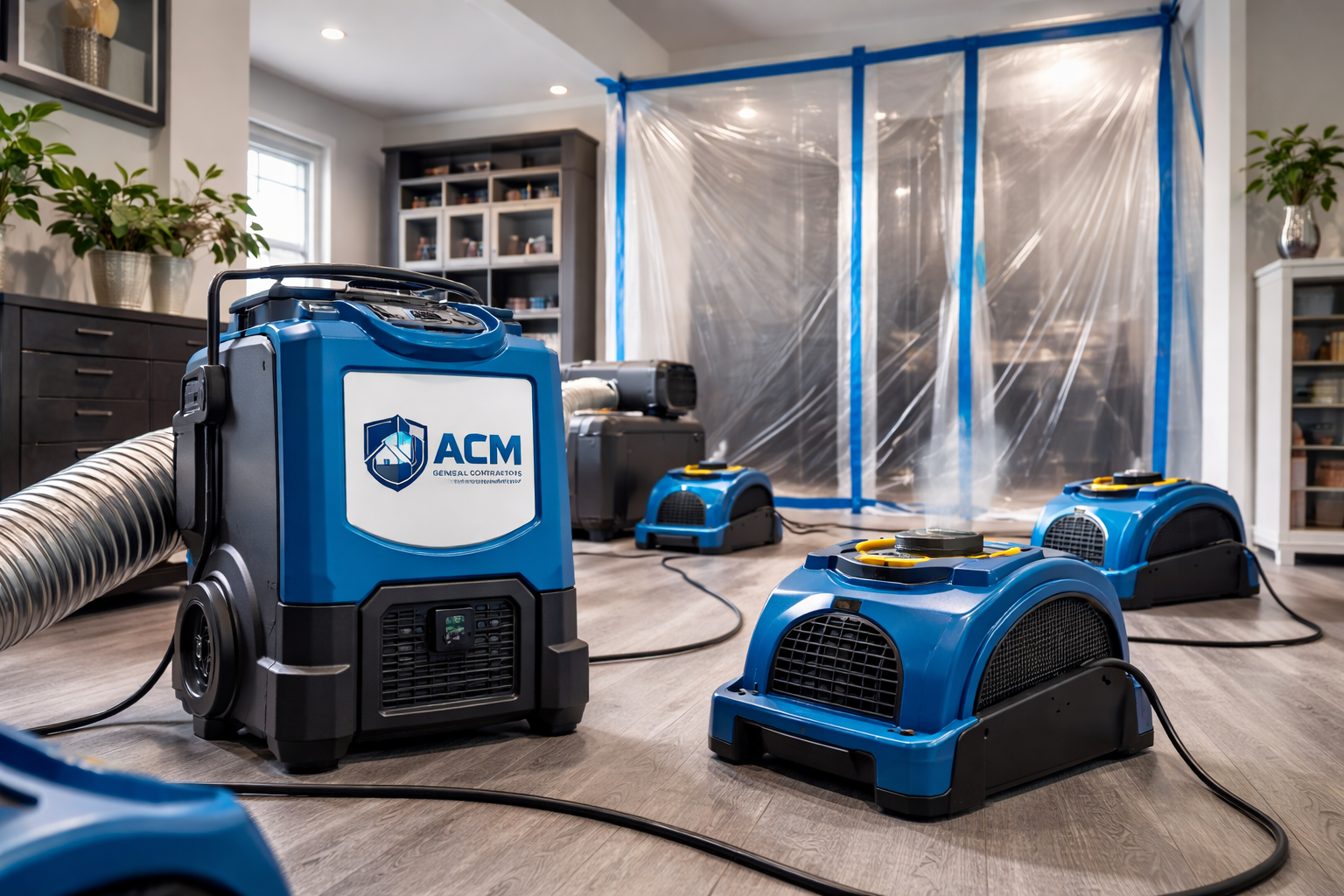 Professional water damage mitigation with containment, air movers, and dehumidification equipment
