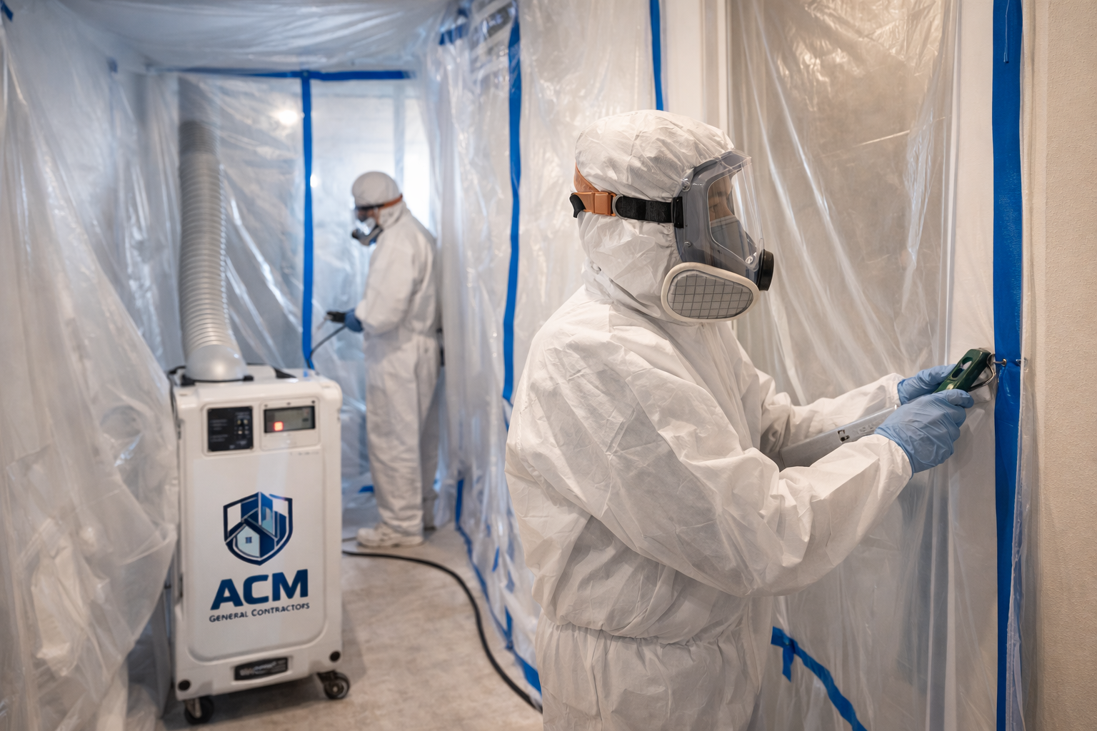 Mold abatement and containment services with negative air control and PPE