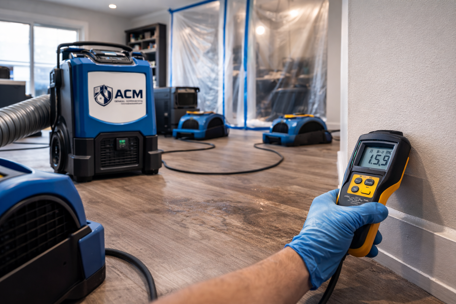 Water damage mitigation services with professional drying equipment and moisture monitoring